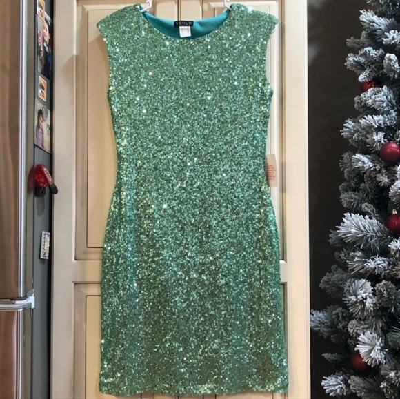 New Year's Eve Holiday sparkle green sequin mini dress XS fits US size 4 - Picture 2 of 4